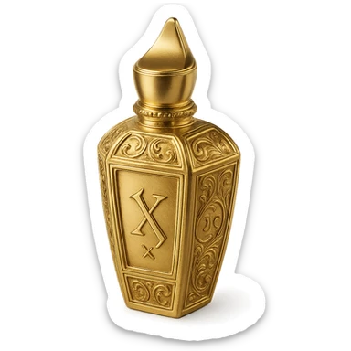 decorative ornate perfume bottle shape inspired by Xerjoff, with gold accents and luxurious feel, no characters, just bottle design sticker