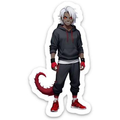 Male adult, black grey skin, red eyes, white hair, sharp teeth, bandages on arms, charismatic grin, scar on cheek, messy hair, shoulder length hair, sharp jawline, lanky athletic physique , Hoodie, baggy sweat pants, glowing eyes, tall, wearing sneakers, thin demon tail, black socks, hood up, looking at viewer, 

chibi, , rows, =, emojis, mischievous sticker