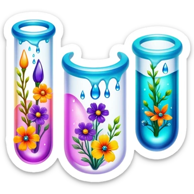 Create an icon that represents decorative arts using epoxy resin in tubes. The design should feature colorful tubes of resin, including fluorescent resin tubes, with visible drops or strokes of resin being applied to create intricate designs. Include finished resin jewelry pieces, such as pendants or rings, containing preserved flowers and insects encased in clear resin. The composition should feel vibrant, artistic, and delicate, showcasing the unique beauty of resin art with natural elements. The background should be transparent sticker