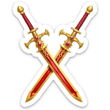 Two crossed swords that are golden in blade and handle and have fiery and royal appearence to them as well as red gem stones yellow in color sticker