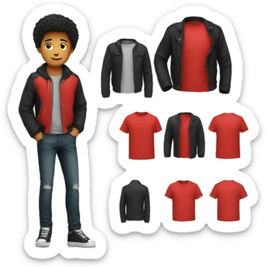 A red T-shirt with a trendy black jacket it sticker