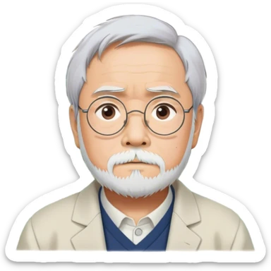Hayao Miyazaki (filmmaker) – Cinematic Realistic Portrait of Hayao Miyazaki, portrayed with gentle, wise eyes and a thoughtful expression, set against a backdrop of whimsical sketches and animated landscapes reminiscent of Studio Ghibli, rendered with soft natural lighting and rich, detailed textures that evoke creative magic. sticker