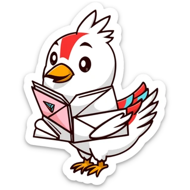 Mayan style bird carrying mail, love letter with heart, envelope with message, all with clean geometric lines sticker