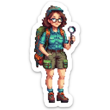 Happy woman explorer in her 40s with glasses, colorful retro hiking outfit, backpack, holding one magnifying glass, detailed pixel art sticker