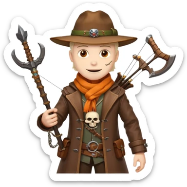male human monster hunter emoji, wearing brown leather coat and wide hat, holding crossbow, with amulet shaped like skull, Halloween fantasy theme, confident smile, orange scarf, Apple emoji style, clean white background, square image sticker