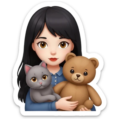girl,drak eyes, red cheeks, black long hair with a bang, white face, holding a British gray cat and a brown teddy bear sticker