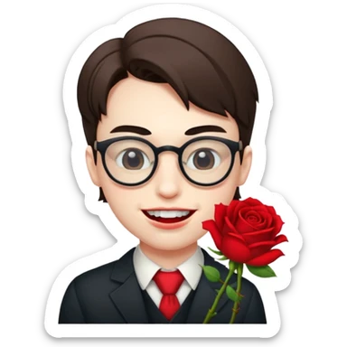 One eye open one eye closed nerd making a smirk mouth with a rose between teeth sticker
