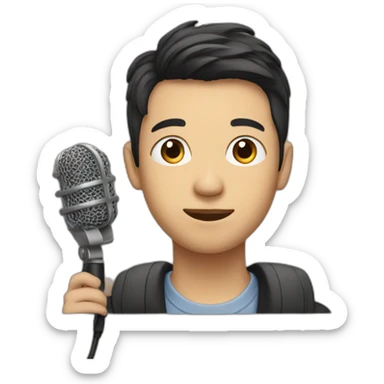 An Asian young man with podcast mic sticker