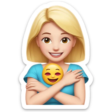 A woman with arms crossed holding neck laughing emoji sticker