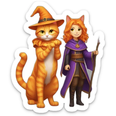 girl wizard and orange cat wizard sticker