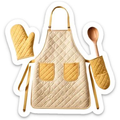 Cinematic Realistic Apron & Oven Mitts, a neatly folded soft pastel apron with subtle fabric textures, resting next to thickly padded oven mitts with a quilted pattern, warm golden kitchen lighting reflecting off the fabrics, evoking a sense of homely warmth and culinary creativity. sticker