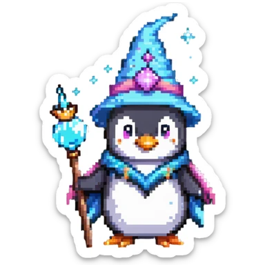 a penguin wizard with magical sparkles and a unicorn companion sticker