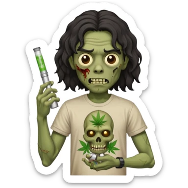 black mid long wavy haired zombie getting stoned with weed t shirt and bong on his hand sticker