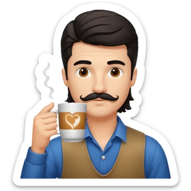 generate an ios genmoji of a fair young guy with black mustache, mullet hairstyle, drinking coffee sticker