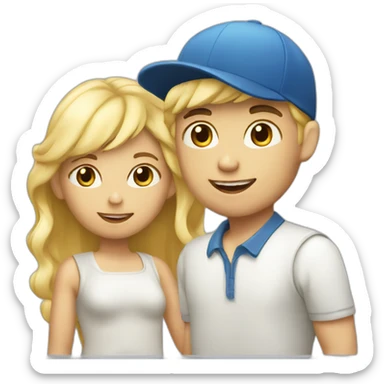 Blond hirl and boy with cap sticker