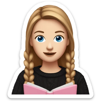 caucasian white IT girl student, holding pink laptop, blue eyes, brown hair ponytail wearing a thick black sweater sticker