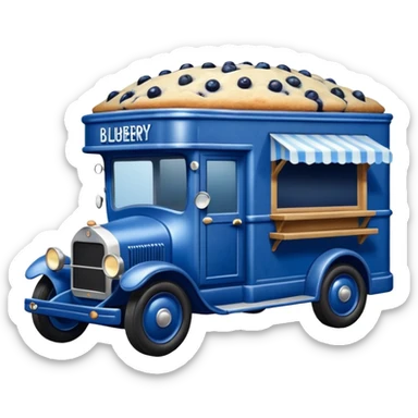 shiny crushed-dark-blue crystal-bodied frozen blueberry muffin pie 1912 antique long-wheelbase cab over durable-looking low rider moving truck food truck  sticker