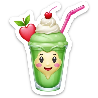 Create an emoji with a clear rounded glass, bright transparent green soda, vanilla ice cream scoop, two red cherries, pink heart-shaped straw, simple shapes, bright colors, glossy, kawaii style, centered, transparent background
 sticker