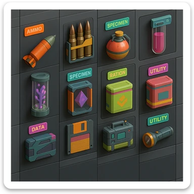 a virtual display, a gray grid with darker gray cells, each cell containing an item viewed in isometric minimalism render The cells have pastel neon colored labels in their upper corner, indicating various traits of the items. retrofuturism, circa 2880's.
The items are scientific and military in nature - varieties of munitions, scientific samples, rations, data storage, utilities. There are two arrays of grids, one left, one right. Each array has a few empty spaces at the bottom. "CAD RENDERED PHOTOREALISM" brutalism. the items are adorned in a combination of  bright colors, neon-safety, early 90's pallet, with muted gray tones in EVEN BALANCE. sticker