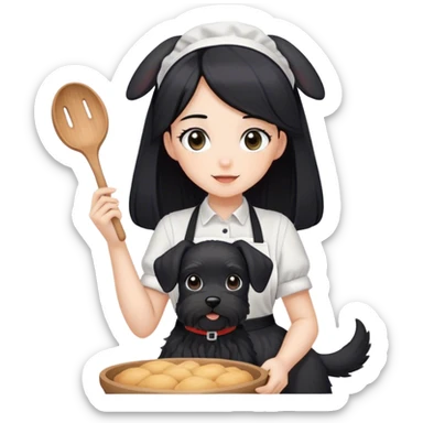 pale girl with long black hair wearing black long shirt wearing apron and baking holding black floppy ear schnauzer sticker