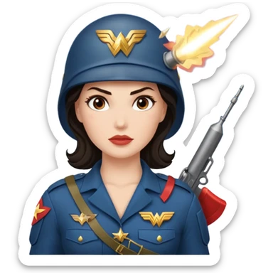 Female full confidence battle ready but pretty ground soldier heroically saving lives accompanied by Wonder Woman , with shelling happening all around sticker