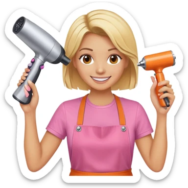 blonde female hairstylist smiling, pink t-shirt, orange apron, holding scissors and hairdryer with hands raised sticker
