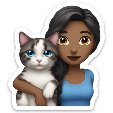 Woman with dark long hair, pink lips and blue eyes holding a tabby cat  sticker
