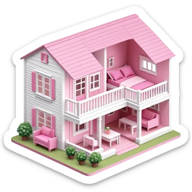 modern farmhouse dollhouse, 3d isometric, pink and white sticker