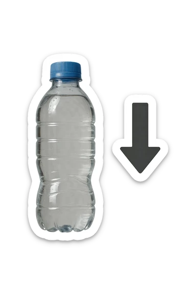 bottiglietta d'acqua con freccia giù fluttuano in aria iperrealistici sticker