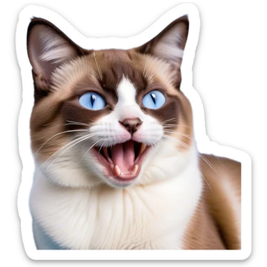 Cinematic Cute Yawning Brown Mantle Snowshoe Cat Portrait Emoji, Head tilted slightly with a dramatic, wide-open yawn, smooth brown fur draping elegantly over its back with contrasting white paws, chest, and facial markings, piercing icy-blue eyes that are barely open, Simplified yet irresistibly adorable features, highly detailed, glowing with a soft, cozy glow, high shine, relaxed yet expressive, stylized with a touch of whimsy, bright and endearing, soft glowing outline, capturing the essence of a sleepy yet affectionate kitty, so drowsy it feels like it could stretch right out of the screen and curl up for a nap! sticker