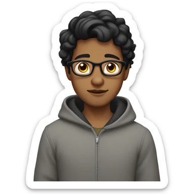 Indian skin tone origin boy wearing glasses in a grey hoodie with wavey black hair with black eye sticker