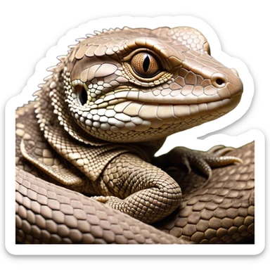 Meme-Worthy cute Sleeping brown camo spotted monitor Lizard Portrait Emoji, Head resting peacefully with a contented smile, showcasing intricately patterned scales and eyes gently closed in serene slumber, Simplified yet comically adorable features, highly detailed, glowing with a soft, drowsy earthy light, high shine, relaxed and utterly lovable, stylized with an air of playful laziness, bright and heartwarming, soft glowing outline, capturing the essence of a sleeping reptilian guardian that feels destined to become the next viral icon of adorable rest! sticker