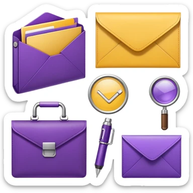 simple, minimalistic yellow (hex#FFD008) and purple (hex#8C52FF) icons of a pin, a working case, a folder, a magnifier, an email, an envelope. 6 icons in total sticker