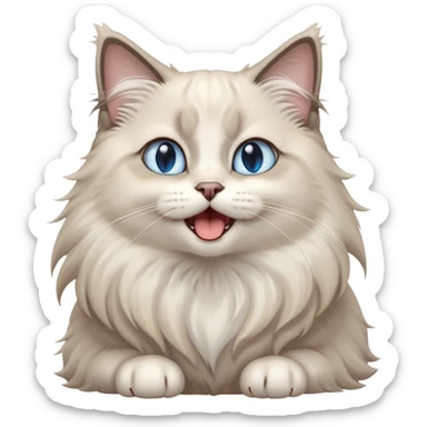 Cinematic Adorable Fluffy Light Grey Mantle Ragdoll Cat Portrait Emoji, Head tilted cutely with big, sparkling blue eyes, soft light grey fur with darker points on the ears, face, and paws, Simplified yet irresistibly adorable features, highly detailed, glowing with a soft, warm glow, high shine, yawning in a peaceful and playful manner, stylized with a touch of whimsy, bright and endearing, soft glowing outline, capturing the essence of a relaxed and loving kitten, so cute it feels like it could leap out of the screen and stretch into a cozy nap! sticker