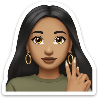 Glamorous, streetwear, black hair, long straight hair, olive skin, brown almond eyes, winged eyeliner with big lashes, wearing hooped earrings, rings and bracelets, almond shaped fake nails, wearing athletic wear sticker