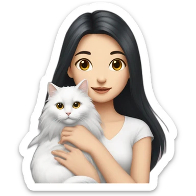 A girl with long dark hair and a white fluffy cat is lying on her right shoulder sticker