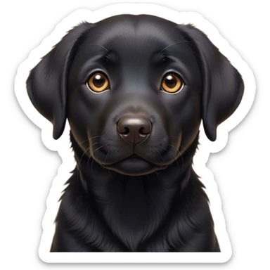 Cinematic Cute Black Labrador Portrait Emoji, Head tilted playfully and inquisitively, featuring a glossy black Fur with a healthy sheen, round, sparkling brown eyes filled with curiosity, Simplified yet irresistibly adorable features, highly detailed, glowing with a warm, friendly glow, high shine, affectionate and spirited, stylized with a touch of whimsy, bright and endearing, soft glowing outline, capturing the essence of a mischievous yet loving companion, so playful it feels like it could dash out of the screen and into your arms! sticker