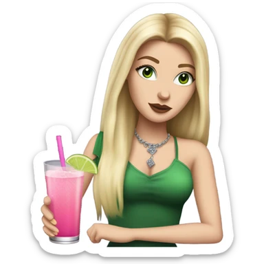 Realistic White girl with Long straight blonde hair, green eyes, tattoos, full body wearing dress and High heels, holding pink drink sticker