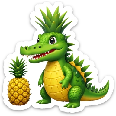A cute crocodile with a pineapple body, the crocodile head is green with teeth and the body is a yellow pineapple with spiky texture sticker