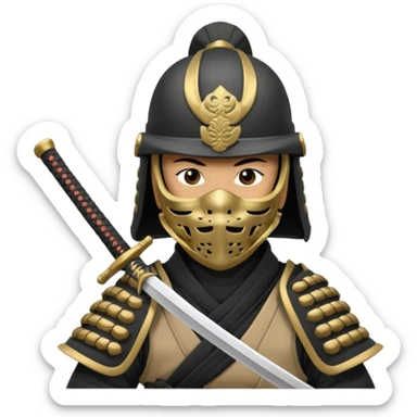 Samurai with helmet and a detailed mask covering their mouth and they are drawing out their sword sticker
