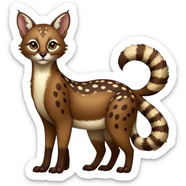 Colorful dark chocolate-brown tropical beige fur glorious divine exotic cute cool beautiful shiny beautiful fantasy-caracal-civet-genet-sergal-vernid-Cacomistle-oncilla-animal-Fakémon-hybrid-fursona with white deer-spots pattern markings (full body) sticker
