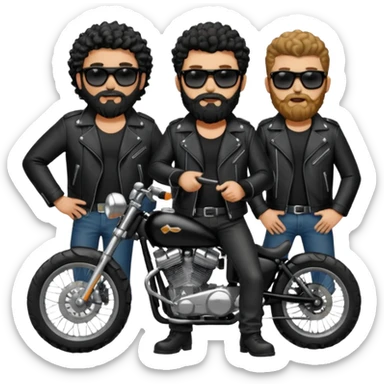 biker gang with black sunglass and rugged and bulky guy bearded curly hair black jacket sticker