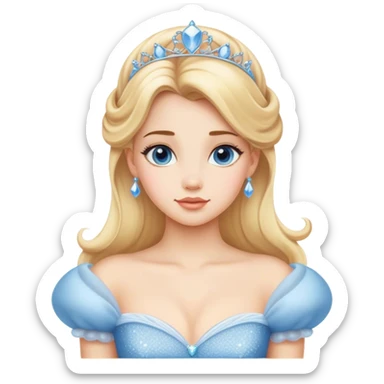 Cinematic Timeless Cinderella Portrait Emoji, rendered in a realistic, simplified vector style. Depict a classic Cinderella with delicate fair skin, beautifully styled blonde hair, and a calm, content expression, dressed in her iconic gown. The design is highlighted by a soft glowing outline and gentle, enchanting luminosity, capturing the essence of pure fairy-tale elegance. sticker