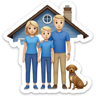 a mom and dad standing in front of a house with their son and a dog next to them (1 dog) and 1 SON not daughter the son should be very short sticker