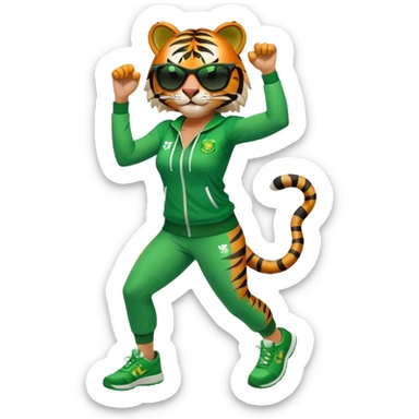 female energetic anthropomorphised tiger in full body, wearing St. Patrick's Day themed sportswear and dark sunglasses, dynamic pose sticker