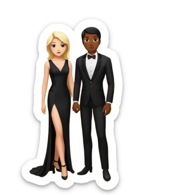 Blonde woman, black, Long, tight, sleveless Dress, Slot left Leg, man, black Hair, in Dinner jacket, Background ballroom sticker