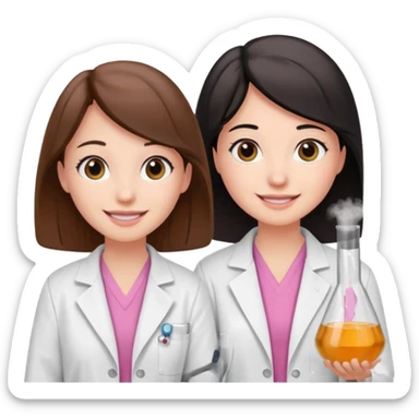 cientificas con blusa rosa y bata blanca felices, una chica con pelo marrón y otra chica con pelo negro sticker