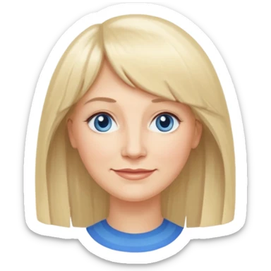 50 yr old white woman, curtain bangs, very long straight blond hair, oval face, small smile, blue eyes, thin face, hair down to elbows, round cheeks, pale sticker