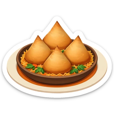 Uzbek cuisine humanless avatar in bright illustration. Classic dishes like plov and samsa, warm golden and earthy tones, simple shapes, flat design, high contrast, friendly and appetizing. sticker