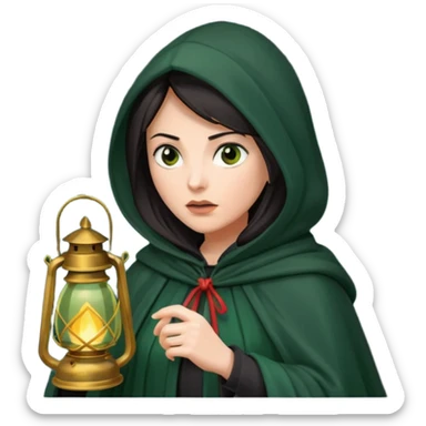 traitor tv show, dark haired woman wearing dark green cloak with hood up who looks very evil, is holding up a lantern, and is tilting her head down sticker